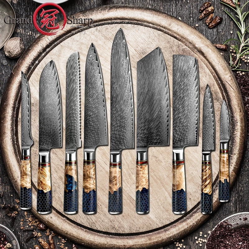 Eadgecraft Knives Damascus Knife Set  Japanese Steel Chef Kitchen Knives Santoku Paring Boning Bread Knife Butcher Tools Honeycomb Handle NEW