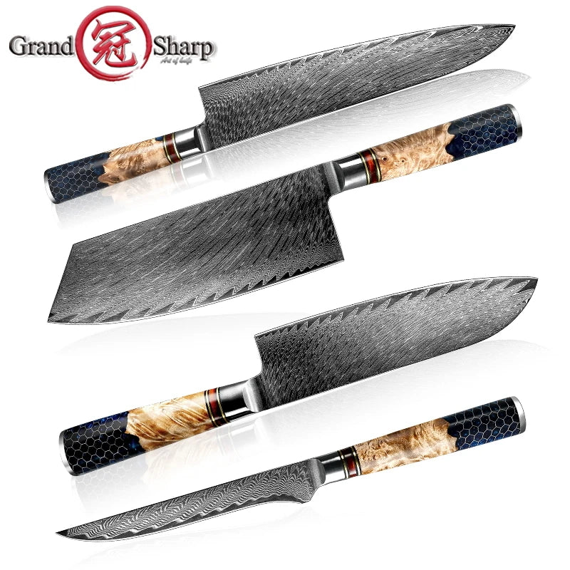 Eadgecraft Knives Damascus Knife Set  Japanese Steel Chef Kitchen Knives Santoku Paring Boning Bread Knife Butcher Tools Honeycomb Handle NEW