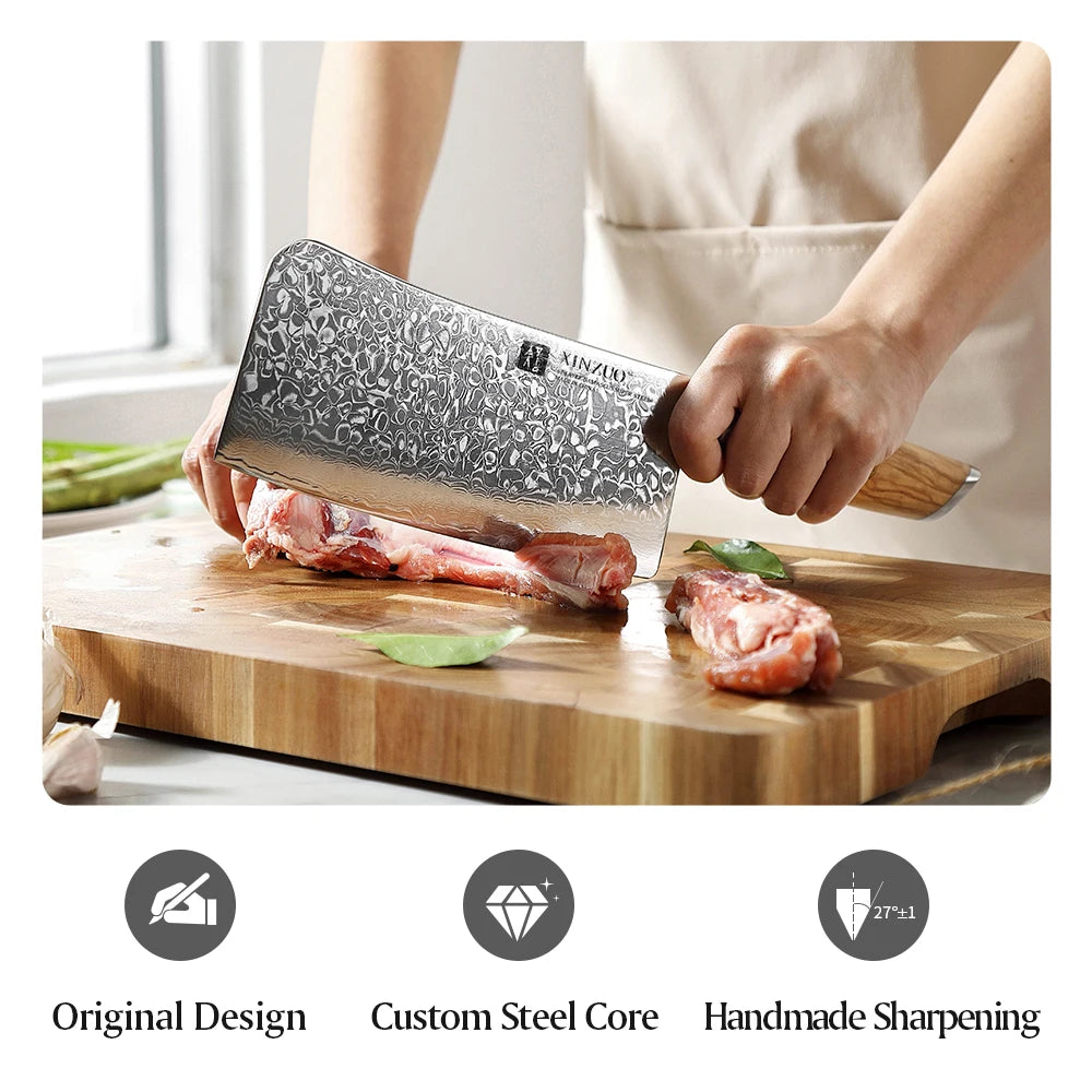 Eadgecraft Knives 7 inch Bone Chopper Kitche Custom 67-layer Damascus Steel Chopping Kitchen Knives Razor Sharp with Olive Wood Handle